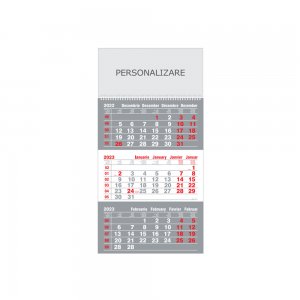 Calendar de Perete Triptic ROEN, 12 Pagini, Format 30x43 cm,Carton 150 g DCM, Tipar 4 Culori, Spira Metalica, Suprafata Imprimabila 30 x 14.5 cm, Fundal Calendar Gri 