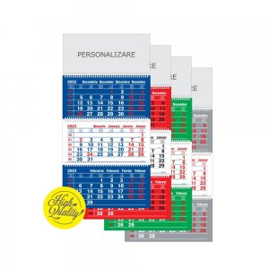 Calendar de Perete Triptic Pliat 3 Luni + Cursor Selectare, 12 Pagini Format 32x50 cm, Carton 115 g DCM, Tipar 2 Culori, Spira Metalica, Suprafata Imprimabila 32 x 15,5 cm, Fundal Calendar Albastru 