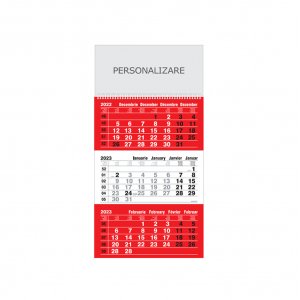 Calendar de Perete Triptic Standard + Cursor Selectare, 12 Pagini, Format 32x48 cm, Carton 115 g DCM, Tipar 2 Culori, Spira Metalica, Suprafata Imprimabila 32 x 15,5 cm, Fundal Calendar Rosu 