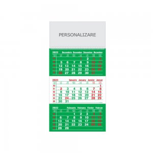 Calendar de Perete Triptic Standard + Cursor Selectare, 12 Pagini, Format 32x48 cm, Carton 115 g DCM, Tipar 2 Culori, Spira Metalica, Suprafata Imprimabila 32 x 15,5 cm, Fundal Calendar Verde 