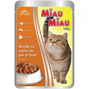 Hrana Umeda pentru Pisici Miau-Miau, Pui si Ficat in Sos, 100 g Hrana Umeda pentru Pisici Miau-Miau, Pui si Ficat in Sos, 100 g