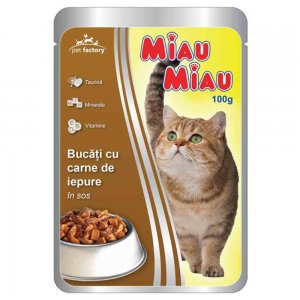 Hrana Umeda pentru Pisici Miau-Miau, Iepure in Sos, 100 g Hrana Umeda pentru Pisici Miau-Miau, Iepure in Sos, 100 g