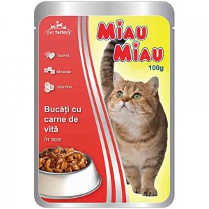 Hrana Umeda pentru Pisici Miau-Miau, Vita in Sos, 100 g Hrana Umeda pentru Pisici Miau-Miau, Vita in Sos, 100 g
