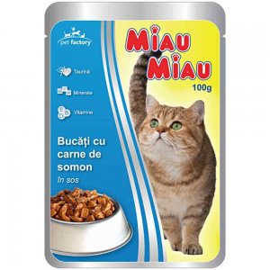 Hrana Umeda pentru Pisici Miau-Miau, Somon in Sos, 100 g Hrana Umeda pentru Pisici Miau-Miau, Somon in Sos, 100 g
