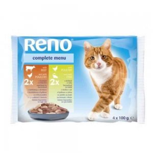 Set 4 Buc, Hrana pentru Pisici Reno Pui cu Vita si Pui cu Peste, Plic 4 X 100 g