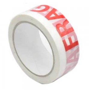 Banda Adeziva Imprimata Fragil, Dimensiune 50mm x 60m, Tipar Rosu, Suport Alb, Adeziv Acrilic