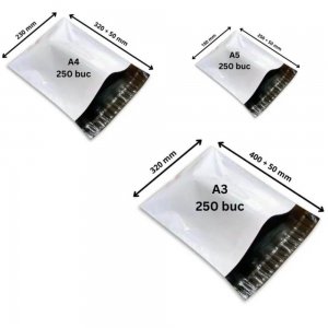 Set 750 Pungi Curierat Profesional (A3, A4 Si A5), Dimensiuni 250 Buc A3 (320 x 400), 250 Buc A4 (230 x 320), 250 Buc A5 (180 x 250), Fara Buzunar AWB, cu o Banda de Sigilare Permanenta