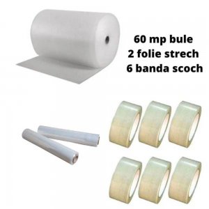 Pachet Folie cu Bule, Dimensiune 0,60m x 100m, 60g/m² + 6 Role Scotch + 2 Stretch in 2 Straturi Pachet Folie cu Bule, Dimensiune 0,60m x 100m, 60g/m² + 6 Role Scotch + 2 Stretch in 2 Straturi