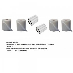 Pachet Stretch Economic Contine 4 Role de Folie cu Bule de 3 Straturi, Dimensiuni 1m x 100 m + 12 Role Stretch Transparent, 23 MIC grosime, Latime 500 mm