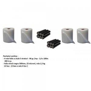 Pachet Stretch Negru Economy Contine 4 Role de Folie cu Bule de 3 Straturi, Dimensiuni 1m x 100m + 12 Role Stretch Negru, 23 MIC Grosime, Latime 500 mm