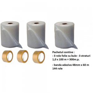 Pachet Scotch Tr Contine 3 Role cu Bule in 3 Straturi, Dimensiune 1m x 100m + 144 Role Banda Adeziva Transparenta, Dimensiune 48mm x 60m