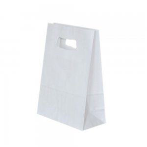 Set 100 de Sacose Albe cu Maner Decupat, 180x90x250 mm, Hartie Kraft Albit 70 g Set 100 de Sacose Albe cu Maner Decupat, 180x90x250 mm, Hartie Kraft Albit 70 g