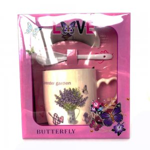 Set Cana din Ceramica Mare cu Lingurita si Farfurie, Model Lavender Garden Set Cana din Ceramica Mare cu Lingurita si Farfurie, Model Lavender Garden