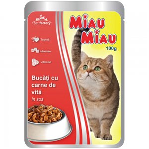 Hrana Umeda pentru Pisici Miau Miau, Vita In Sos, 24 Buc x 100 g