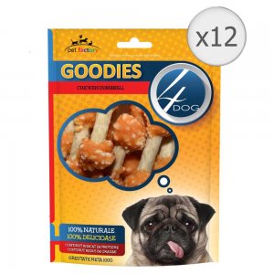 Recompense pentru Caini 4 Dogs Goodies Chicken Poppers Dumbbells, 12 Buc/Bax x 100 g