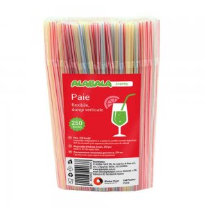 Set 250 Paie Flexibile, 240x5 mm, Dungi Verticale, Diverse Culori Fluorescente, Paie de Baut din Plastic, Paie Plastic pentru Sucuri, Paie de Baut pentru Bar, Paie din Plastic, Paie Catering, Paie pentru Petreceri, Accesorii pentru Bar