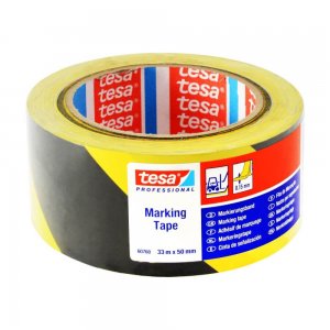 Banda Adeziva Marcare Tesa,  Galben/Negru, 50mm x 33m, Banda Adeziva Galbena Tesa, Banda Adeziva pentru Marcare Ieftina, Banda Adeziva Tesa Ieftina, Banda de Marcare PVC, Banda Adeziva Colorata, Banda Marcare Colorata, Banda Adeziva Neagra