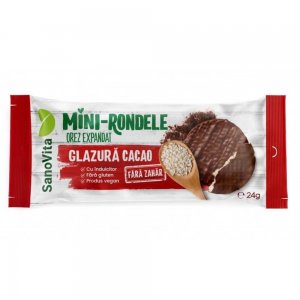Mini-Rondele Orez Expandat SanoVita, Glazura de Cacao fara Zahar, 24 g, Mini Rondele Orez Expandat SanoVita, Mini Rondele din Orez Expandat SanoVita, Mini Rondele de Orez Expandat SanoVita, Rondele Mici din Orez Expandat