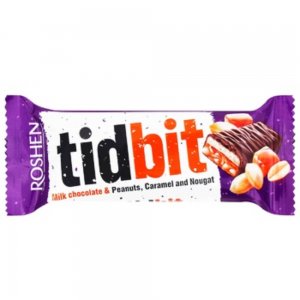 Baton de Ciocolata cu Umplutura de Nougat si Caramel cu Arahide, Roshen Tidbit, 50 g,  Baton Roshen de Ciocolata, Baton cu Umplutura, Gama Roshen Tidbit, Baton de Ciocolata cu Nougat si Caramel