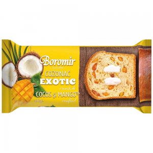 Cozonac Exotic Boromir cu Crema de Cocos si Mango, 400 g, Cozonac Boromir, Cozonac Ambalat, Cozonac cu Cocos si Mango, Cozonac cu Mango si Cocos, Cozonaci Boromir, Cozonaci Ambalati, Cozonac Preparat, Cozonaci Preparati