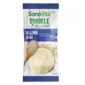 Rondele din Orez cu Glazura Cicolata Alba Sano Vita, 66g, Rondele Dulci, Rondele Orez, Rondele Orez Sano Vita, Rondele Orez Simple, Rondele cu Ciocolata din Orez, Rondele Orez cu Glazura Alba