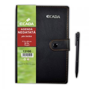 Agenda cu Pix ECADA, 96 File, 17.5x25 cm, 70 g/m², Capsa Inchidere, Neagra, Agenda Nedatata cu Capsa de Inchidere, Agende cu 96 de Foi, Agenda cu Capsa si  96 File, Agenda de Birou cu Pix, Agende de Birou cu 96 File, Agenda de Birou cu Pix,  Agende ECADA