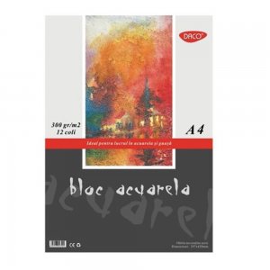 Bloc Desen Acuarela A4 Daco, 12 File, 300 g/m², Daco, Bloc Hartie pentru Acuarele si Guase, Hartie Pentru Vopsele Acuarele, Bloc de Desen pentru Culori pe Baza de Apa, Bloc de Desen A4, Blocuri Desen A4, Blocuri pentru Desen