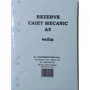 Rezerva Caiet Mecanic A5 Velin GOLDPAPER, 100 Coli/Top, Top Foi Veline, Rezerve Foi Caiet, Foi Veline, Rezerve Foi Veline A5, Rezerva Caiet Mecanic A5, File pentru Caiet Mecanic