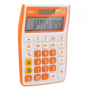 Calculator de Birou Deli 1238, 12 Digits, Alb/Portocaliu, Alimentare Dubla, Calculator Birou, Calculator Birou 12 Digits, Calculator Birou cu Verificare si Corectie, Calculator Birou Deli 