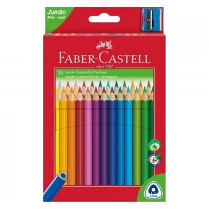 Set 30 Creioane Colorate Faber-Castell Jumbo, Triunghiulare, cu Ascutitoare Inclusa, Set Creioane Colorate si Ascutitoare, Set Creioane Colorate cu Ascutitoare, Creioane Faber Castell Jumbo, Creioane Colorate Jumbo, Creioane Colorate Corp Colorat