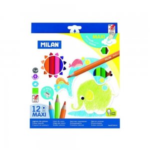 Set 12 Creioane Color MILAN Maxi, Ascutitoare Maxi Inclusa, Corp din Lemn Hexagonal, 12 Culori Diferite, Set Creioane Colorate, Creioane Colorate, Creioane pentru Desen, Creioane Colorate pentru Scolari, Creioane de Colorat, Rechizite Scolare