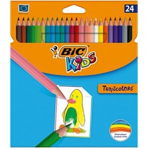 Set 24 Creioane Color BIC Tropicolors, 24 Culori, Fara Lemn, Corp Hexagonal, Set Creioane Colorate, Creioane Colorate Fara Lemn, Creioane pentru Desen din Rasina Sintetica, Creioane Colorate pentru Scolari, Creioane de Colorat, Rechizite Scolare