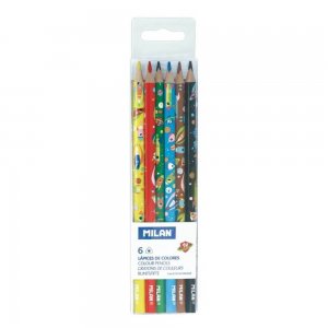 Set 6 Creioane Color MILAN Super Heroes, 6 Culori, Corp Triunghiular din Lemn, Creioane Triunghiulare Colorate, Creioane Colorate Metalice MILAN, Creioane MILAN, Set Creioane Colorate, Creion Colorat, Creioane Scoala, Creioane Desen