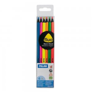 Set 6 Creioane Color MILAN Fluo, 6 Culori, Corp Hexagonal din Lemn Negru, Creioane Hexagonale Colorate, Creioane Colorate Fluorescente, Creioane MILAN, Set Creioane Colorate, Creion Colorat, Creioane Scoala, Creioane Desen