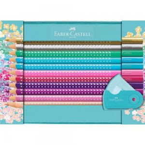 Set Cadou 20 Creioane Colorate Sparkle si Ascutitoare Sleeve Faber-Castell, Diverse Culori, Creioane Colorate Set, Creioane Colorate Faber-Castell, Set Creioane Colorate, Set Cadou de Creioane Colorate, Seturi Cadou Creioane Colorate