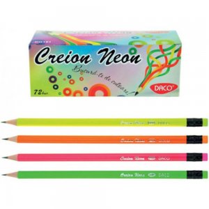 Set 72 Creioane DACO Neon, Mina HB, Corp Rotund de Lemn cu Radiera, Creioane HB cu Radiera, Set Creioane Grafit HB, Creion HB, Set Creioane Grafit pentru Scoala cu Radiera, Creion HB Grafit, Creioane pentru Schite si Grafica, Creioane Desen Tehnic
