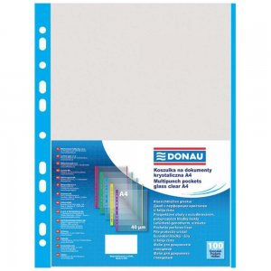 Set 100 Folii de Protectie A4 Verticale, Tip Coaja Portocala, Margine Albastra, 40 MIC, Folii Protectie Documente, Folie pentru Protectie Documente DONAU, Folii din Plastic pentru Documente, Folii Transparente cu Margine Color