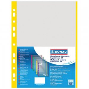 Set 100 Folii de Protectie A4 Verticale, Tip Coaja Portocala, Margine Galbena, 40 MIC, Folii Protectie Documente, Folie pentru Protectie Documente DONAU, Folii din Plastic pentru Documente, Folii Transparente cu Margine Color