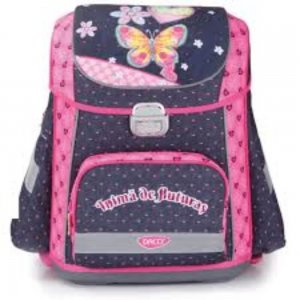 Ghiozdan DACO Tip Container, Model Fluturas, 40x34x23 cm, Bretele cu Burete Reglabile si Doua Buzunare Laterale Mari, Poliester, Roz, Ghiozdane Gradinita, Ghiozdane Scoala, Ghiozdan Scolar, Rechizite Scolare