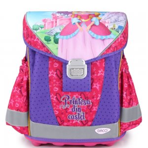 Ghiozdan DACO Tip Container, Model Printesa, 40x35x20 cm, Bretele cu Burete Reglabile si Doua Buzunare Laterale Mari, Poliester, Roz, Ghiozdane Gradinita, Ghiozdane Scoala, Ghiozdan Scolar, Rechizite Scolare