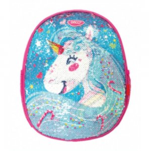 Ghiozdan DACO cu Paiete, Model Unicorn, 31x25x9 cm, Bretele cu Burete Reglabile si Doua Buzunare Laterale cu Plasa, Material Poliester, Culoare Roz, Ghiozdane Gradinita, Ghiozdane Scoala, Ghiozdan Scolar, Rechizite Scolare