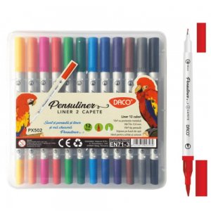 Pix Liner si Pensula DACO PENSULINER, 12 Buc/Set, Varf 0.4 mm, Culori Asortate, Pixuri 2 in 1, Pixuri Scolari, Pixuri Scoala, Pixuri Scolare, Pix pentru Scoala, Pix Plastic, Pixuri Copii, Set Pixuri Colorate, Pix Liner si Pensula, Pixuri Asortate
