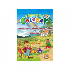 Carte de Colorat A4, 80 Pagini cu Alfabetul, Cifre, Fructe, Legume, Culori si Abtibilduri, Vol.2