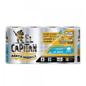 Hartie Igienica EL CAPITAN, 3 Straturi, 8 Role/Bax, 120 File/Rola, Hartie cu Parfum Floral, Hartie Igienica Parfumata, Hartie Igienica la Bax, Hartie Igienica Alba, Hartie Igienica El Capitan