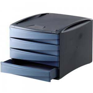 Cabinet cu 4 Sertare Fellowes, 100% Materiale Reciclabile, 254x285x384 mm, Albastru/Negru, Suport Documente, Suport pentru Birou, Suport de Birou, Suport Birotica, Suport Birou cu Sertare, Suport Birou pentru Acte, Organizator Birou