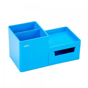 Suport Birou Deli, 3 Compartimente si Sertar, Albastru, Plastic, Suport pentru Birou, Suport de Birou, Suport Accesorii Birou, Suport Instrumente de Scris, Suport Birotica, Suport Birou cu 3 Compartimente si Sertar, Suport Birou cu Sertar Mic