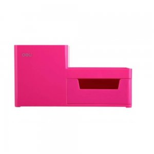 Suport Birou Deli, 3 Compartimente si Sertar, Roz, Plastic, Suport pentru Birou, Suport de Birou, Suport Accesorii Birou, Suport Instrumente de Scris, Suport Birotica, Suport Birou cu 3 Compartimente si Sertar, Suport Birou cu Sertar Mic