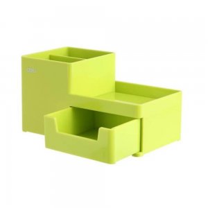 Suport Birou Deli, 3 Compartimente si Sertar, Verde, Plastic, Suport pentru Birou, Suport de Birou, Suport Accesorii Birou, Suport Instrumente de Scris, Suport Birotica, Suport Birou cu 3 Compartimente si Sertar, Suport Birou cu Sertar Mic