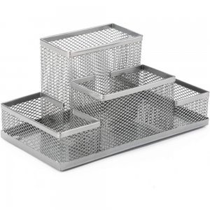 Suport Birou ECADA, 4 Compartimente, Plasa Metalica, Argintiu, Suport pentru Accesorii din Plasa Metalica, Accesorii Birou, Suport Accesorii de Scris, Organizator Metalic, Suport Instrumente de Scris Birou
