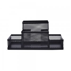 Suport Birou ECADA, 4 Compartimente, Plasa Metalica, Negru, Suport pentru Accesorii din Plasa Metalica, Accesorii Birou, Suport Accesorii de Scris, Organizator Metalic, Suport Instrumente de Scris Birou